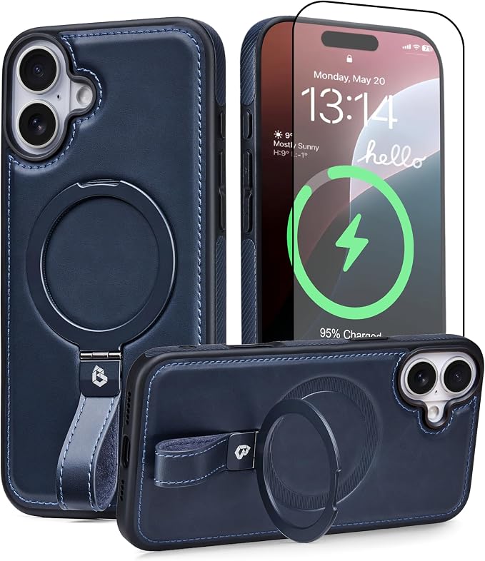 for iPhone 17 Leather Case with Stand, Anti-Slip Grip Ring, Fits for MagSafe (Blue, iPhone 17)