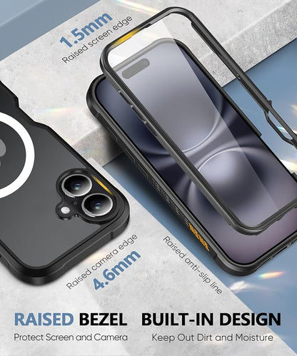 Compatible with iPhone 16 Case, Built-in Screen Protector, with Camera Lens Protector, [Compatible with MagSafe] Matte Back Full Body Phone Case, Magnetic Protective Cover for 16 6.1" (Black)