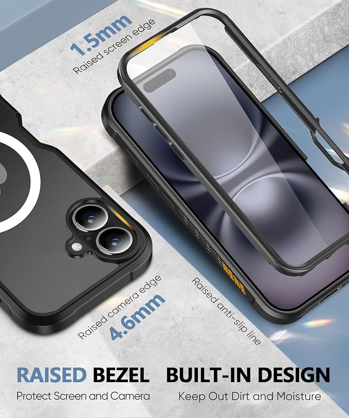 Compatible with iPhone 16 Plus Case, Built-in Screen Protector, with Camera Lens Protector, [Compatible with MagSafe] Matte Back Full Body Phone Case, Protective Cover for 16Plus 6.7" (Black)