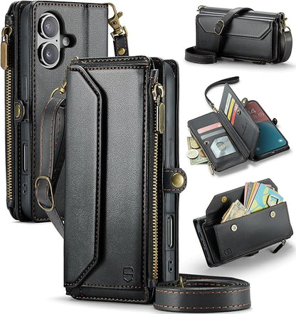 Strapurs Wallet Case Compatible with iPhone 16 6.1" RFID Blocking 7-Card Holder Soft PU Leather Magnetic Snap Shoulder Strap Zipper Pocket Phone Case Fit for iPhone 16 for Women - Black