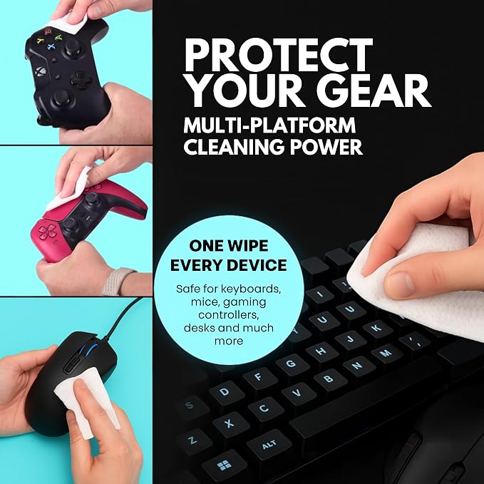 Gaming Peripheral Wipes, Keyboard Cleaner & Electronic Wipes, Safe for Controllers, Keyboards, Laptops, PCs & Mice – Alcohol-Free, Unscented, Paraben-Free, Cleaning Wipes - 50 Pack