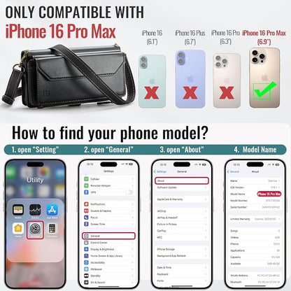 Strapurs Wallet Case Compatible with iPhone 16 Pro Max 6.9" RFID Blocking 10-Card Holder Soft PU Leather Magnetic Snap Shoulder Strap Zipper Pocket Phone Case Fit for iPhone 16 Pro Max - Black