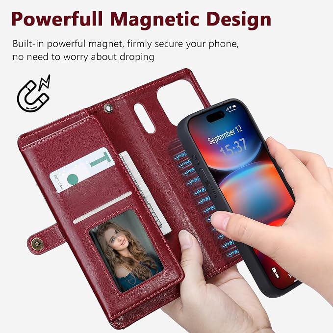 Wallet Case for iPhone 17 Pro Max with Card Holder/Crossbody Wallet/Strap,[RFID Blocking][Magnetic] PU Leather Phone Case for iPhone 17 Pro Max,6.9 in,Wine Red