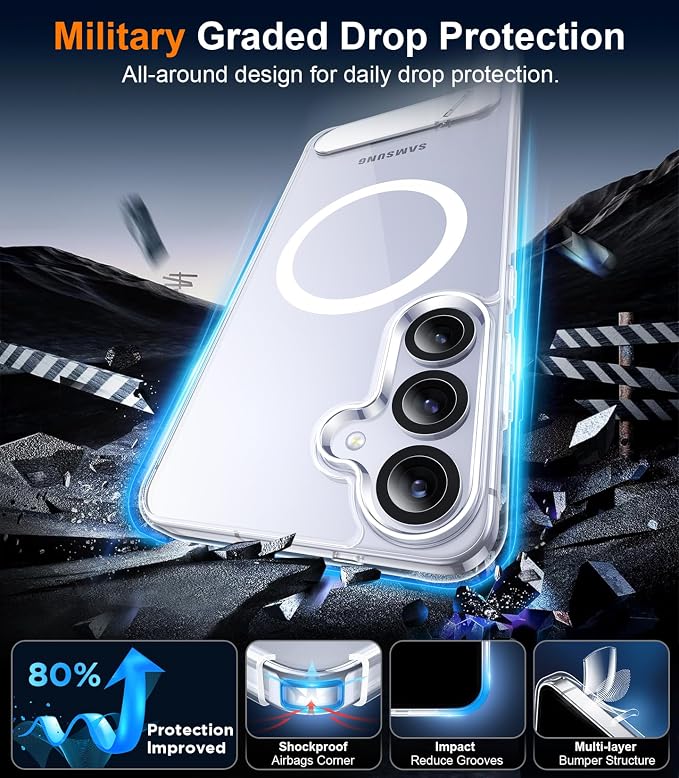 Magnetic for Samsung Galaxy S25 Case, [Innovate Stand][Military Grade Drop Protection][Non Slip][Non-Yellowing] Shockproof Phone Case for Galaxy S25 6.2" 2025 -Clear