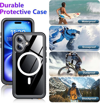 Temdan Compatible with iPhone 16 Case Waterproof, Compatible with MagSafe Built-in Screen & Camera Protector IP68 Underwater Full Body 16FT Military Dropproof Shockproof Phone Case 6.1"-Black