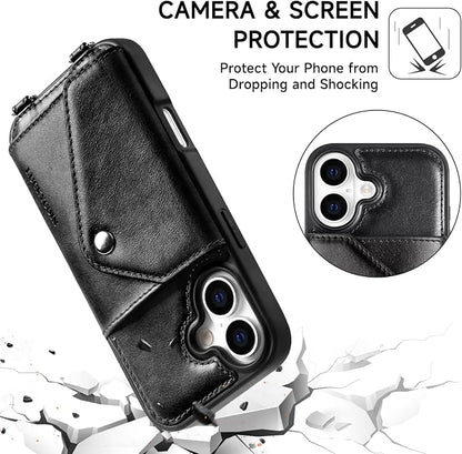 LUCKYCOIN for iPhone 17 Crossbody Wallet Case – Genuine Leather Phone Purse with Adjustable Strap and Card Holder,Lanyard Phone Purse Case for Women,Vintage Black