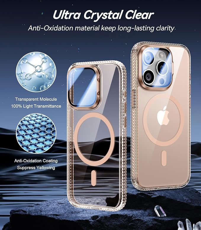 [Upgraded] for iPhone 15 Pro Max Case with Camera Cover Stand [Fit for MagSafe][9H Camera Lens Protector] Mil-Grade Protection Transparent Magnetic iPhone 15 Pro Max Phone Case, Clear Gold