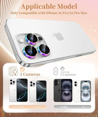 GolbinBox Camera Lens Protector for iPhone 17 Pro Max/17 Pro/16 Pro Max/16 Pro, 1:1 Invisible Fit, 9H Tempered Glass Ultra HD Metal Individual Camera Cover for Women, Case Friendly, Bling/Colorful