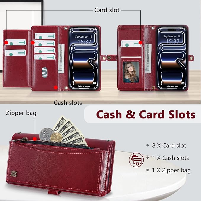 Wallet Case for iPhone 17 Pro with Card Holder/Crossbody Wallet/Strap,[RFID Blocking][Magnetic] PU Leather Phone Case for iPhone 17 Pro,6.3 in,Wine Red