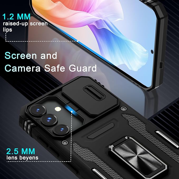 DEERLAMN Case for Samsung Galaxy S25 6.2-Inch with Slide Camera Cover+Screen Protector (1 Pack), Rotated Ring Kickstand Military Grade Shockproof Protective Cover-Black