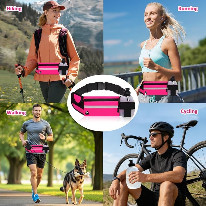 Running Belt with Water Bottle Holder, Plus Size Designer Waterproof Fanny Pack for Women Girls Kids iPhone Cell Phone Pouch, Waist Bag for Hiking,Runner,GYM,Workout,Sport Bum Hip Bags Pink