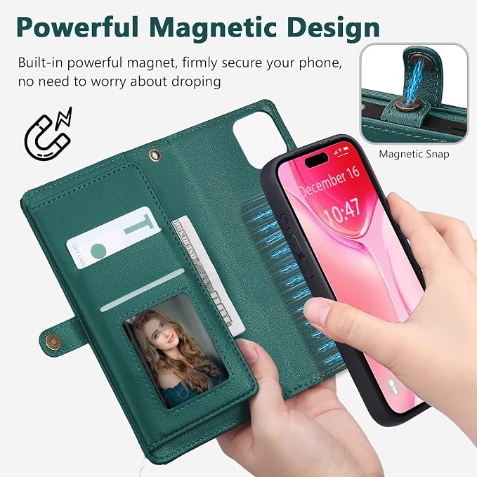 Wallet Case for iPhone 15 Plus with Card Holder/Crossbody Wallet/Strap| RFID Blocking | Magnetic | Kickstand | Detachable | PU Leather Phone Case for iPhone 15 Plus,6.7 in,Green
