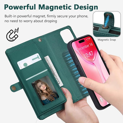 Wallet Case for iPhone 15 Plus with Card Holder/Crossbody Wallet/Strap| RFID Blocking | Magnetic | Kickstand | Detachable | PU Leather Phone Case for iPhone 15 Plus,6.7 in,Green