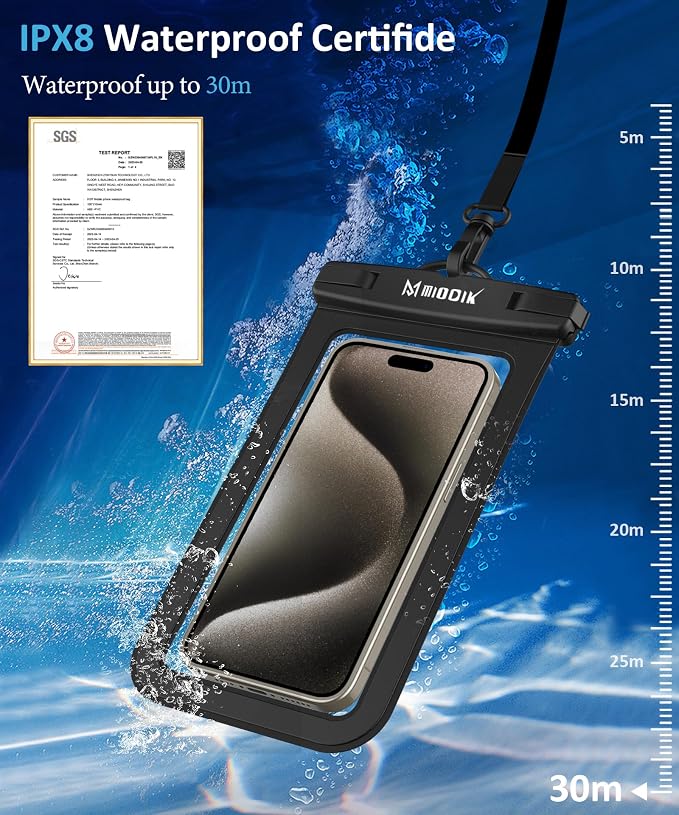 MIODIK Waterproof Phone Pouch with Detachable Lanyard, IPX8 Outdoors Travel Beach Cruise Ship Essentials, [Up to 7.0" Large] Fits for All iPhones (15, 14, 13...), Galaxy S24 S23 S22 - Black
