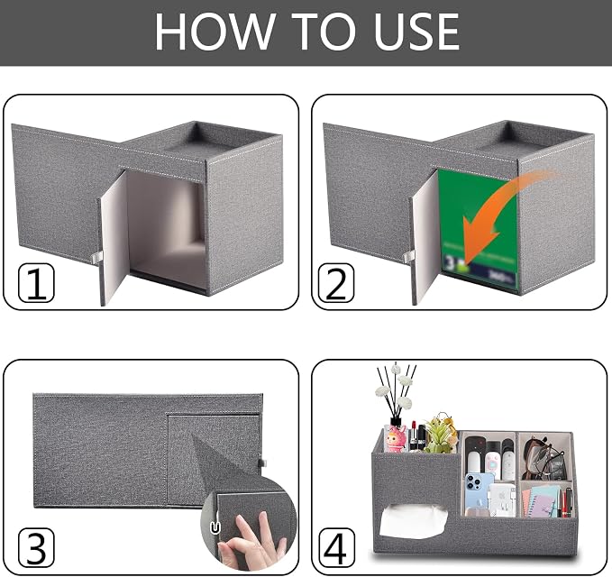 Plus Size Tissue Box Cover-Square Linen Tissue Cover with Side Storage and Tray,Modern Makeup Organizer,Leather Tissue Holder Decorative Cube Organizer for Living Room Vanity NightStand Office,Grey