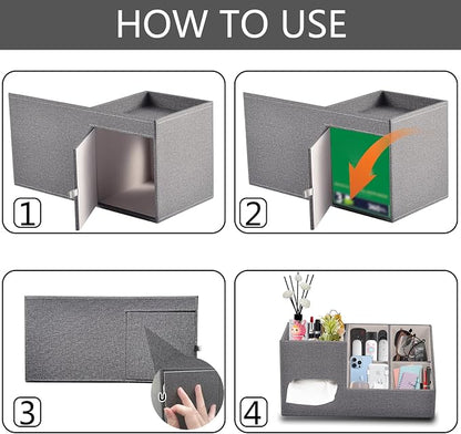 Plus Size Tissue Box Cover-Square Linen Tissue Cover with Side Storage and Tray,Modern Makeup Organizer,Leather Tissue Holder Decorative Cube Organizer for Living Room Vanity NightStand Office,Grey