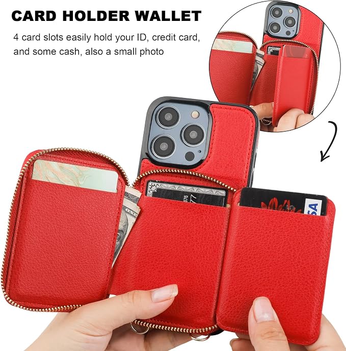 Bocasal RFID Blocking Wallet Case for iPhone 14 Pro, Adjustable Crossbody Zipper Purse Case Card Holder with Kickstand Detachable Wrist Strap, PU Leather Flip Folio Case 6.1 Inch 5G (Red)