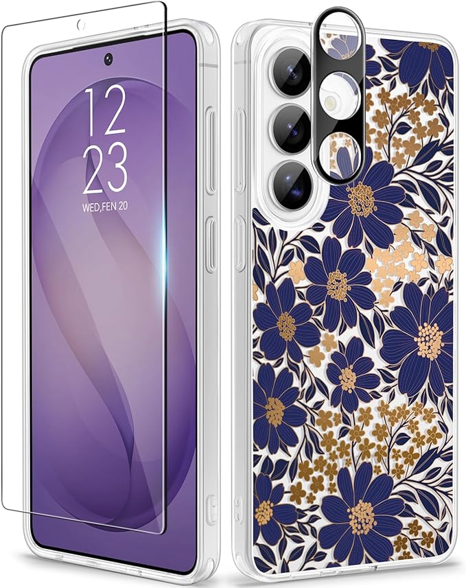 GVIEWIN for Samsung Galaxy S26 Case, Clear Floral Slim Shockproof Protective Women Phone Case, Non-Yellowing, with Screen Protector & Camera Lens Protector for Galaxy S26 6.3", Primula/Deep Purple