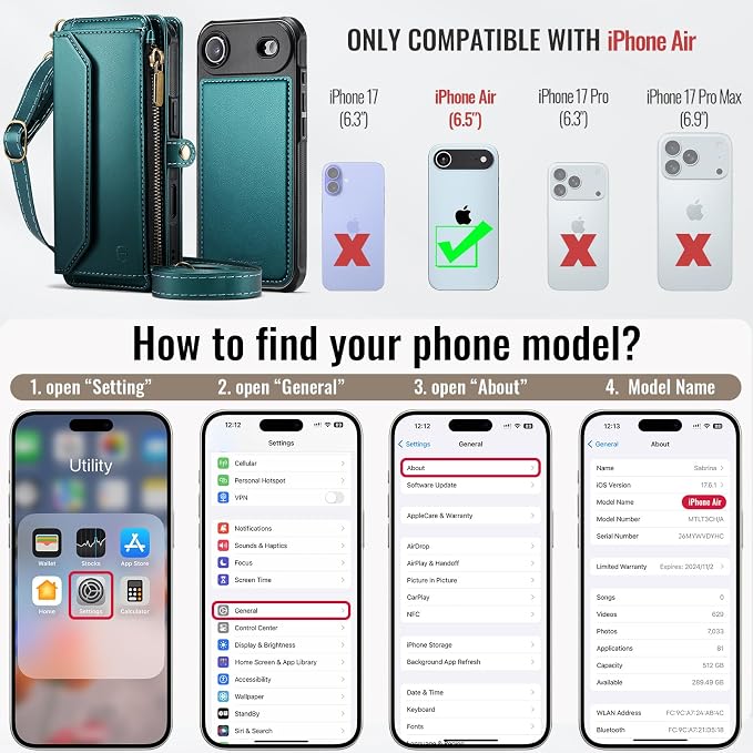 Strapurs for iPhone Air Detachable Wallet Case Compatible with Magsafe for Women, RFID Blocking 9-Card Holder Zipper Strap Lanyard PU Leather Magnetic Phone Case for iPhone 17 Air 6.5", Blue Green