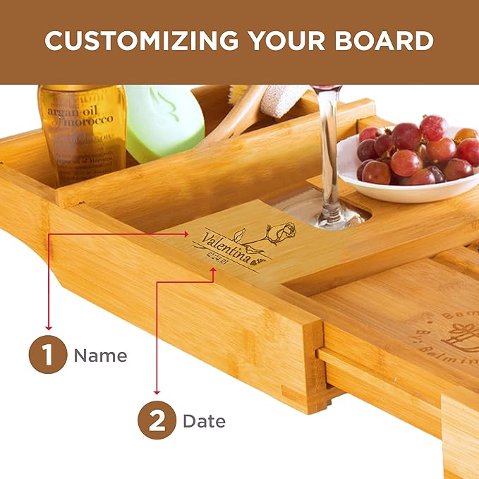 Personalized Bathtub Tray - Engraved Foldable Bamboo Bath Caddy, Tub Tray with Expandable Sides, Luxury Wooden Bath Table for Relaxation Spa - Customized Gift for Mom, Wife, New Home