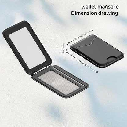 Upgraded for Magsafe Wallet, Strong Magnetic Phone Wallet with Adjustable Stand, Built in Makeup Mirror, 5 Card Holder, RFID Blocking (Black fold)