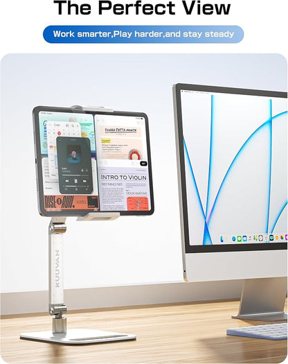 Tablet Stand Holder for iPad, Portable Monitor Stand Holder 15.6'',16'', Aluminum Alloy Foldable Arm Mount with 360° Swivel Desk Mount Compatible with 4.7-16inch Tablet, Cell Phone (White)