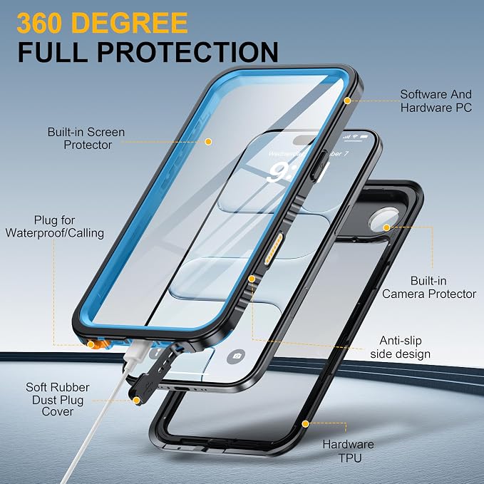 ANTSHARE for iPhone Air Case, IP68 Waterproof Shockproof Case, [Built-in Screen Protector] - 12 FT Military Dropproof - Full Body Heavy Duty Rugged Phone Cover 6.5 inches - Blue/Clear