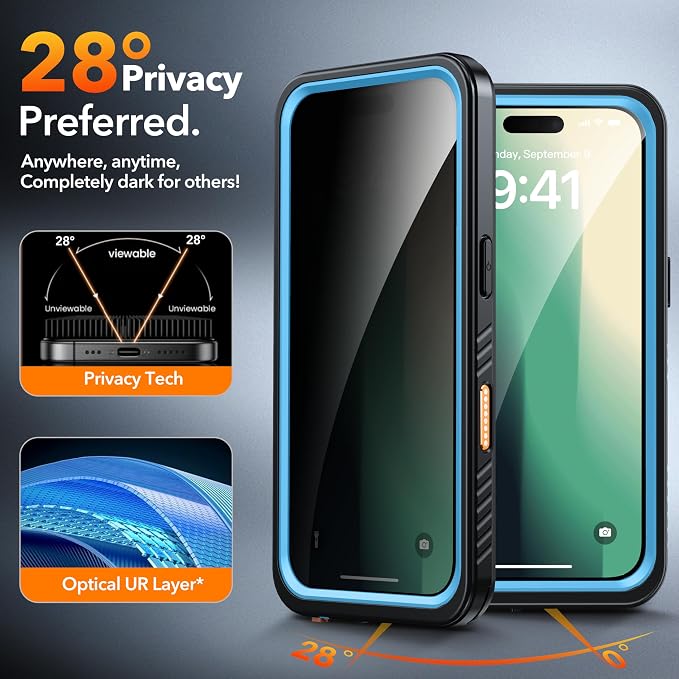 ANTSHARE for iPhone 16 Pro Max Case Waterproof, [Anti Spy] Privacy Screen Protector for iPhone 16 Pro Max, [IP68 Under Water] Heavy Duty Full-Body Shockproof Phone Case, Blue