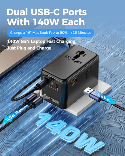 140W GaN Universal Travel Adapter, Laptop Charger International Power Adapter with 3 USB-C, USB-A & 2500W AC Outlet, Fast Charging for MacBook iPhone Samsung Laptop & More in 200+ Countries