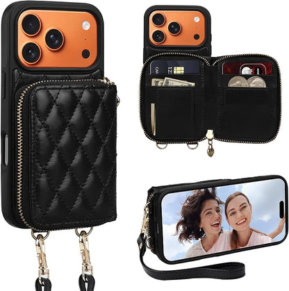 Keallce Case for iPhone 17 Pro 6.3'' Wallet Case, Crossbody Zipper Purse with Wrist Strap Handbag, RFID Blocking Card Holders, Lanyard Kickstand Flip Leather Phone Cover for iPhone 17 Pro, Black
