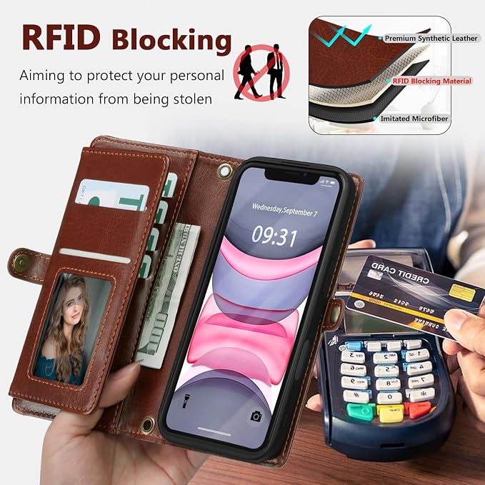 Wallet Case for iPhone 11 with Card Holder/Crossbody Wallet/Strap| RFID Blocking | Magnetic | Kickstand | Detachable | PU Leather Phone Case for iPhone 11,6.1 in,Brown