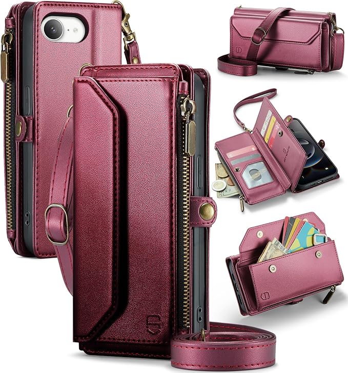 Strapurs Crossbody Wallet Case Compatible with iPhone 17e / iPhone 16e RFID Blocking 7-Card Holder PU Leather Magnetic Snap Shoulder Strap Zipper Pocket Phone Cases for iPhone 17e / 16e - Wine Red