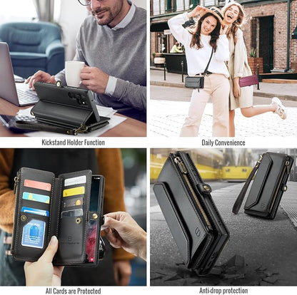 Strapurs Crossbody Wallet Case Compatible with Samsung Galaxy S22 Ultra 5G RFID Blocking 10-Card Holder Soft PU Leather Magnetic Snap Strap Zipper Pocket Phone Case Fit for Galaxy S22 Ultra - Black