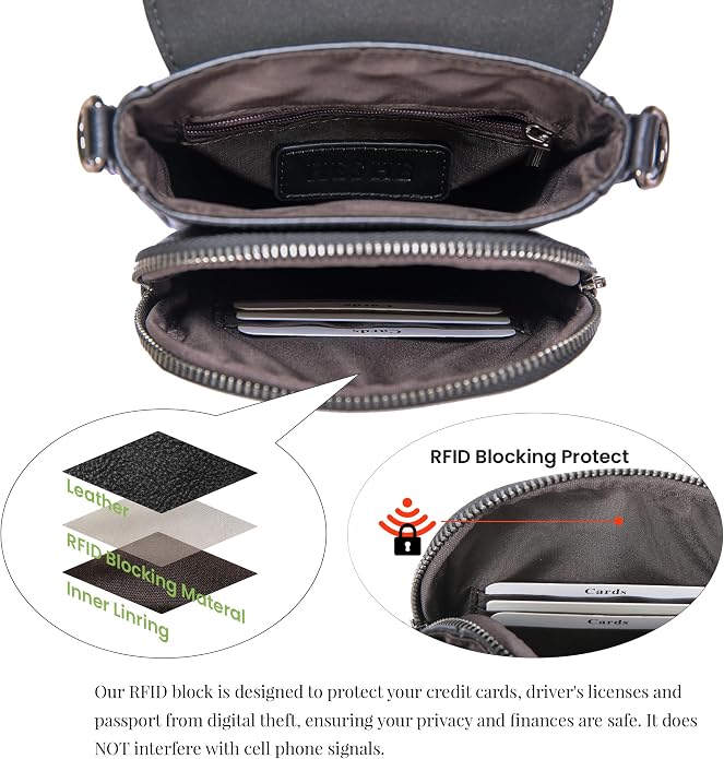 HESHE Leather Small Crossbody Bags for Women RFID Blocking Cell Phone Purse Anti-Theft Travel Bag with wide Straps