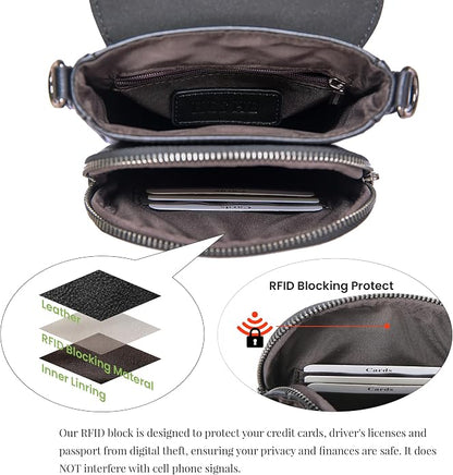HESHE Leather Small Crossbody Bags for Women RFID Blocking Cell Phone Purse Anti-Theft Travel Bag with wide Straps