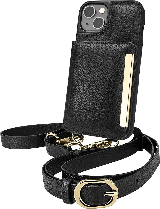 Smartish iPhone 13 Crossbody Wallet Case for Women - Dancing Queen [Purse/Clutch with Detachable Strap & Wristlet] Protective Cover with Credit Card Holder - Stiletto Black-Gold