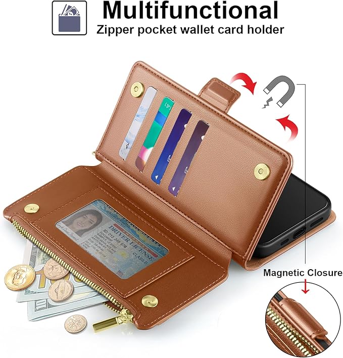 Antsturdy Compatible with iPhone 16 Plus Wallet Case,RFID Blocking PU Leather Phone Case Women Men Kickstand flip Cover Wrist Strap Zipper Credit Card Holder Slots for Apple 16 Plus 6.7",Light Brown