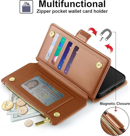 Antsturdy Compatible with iPhone 16 Plus Wallet Case,RFID Blocking PU Leather Phone Case Women Men Kickstand flip Cover Wrist Strap Zipper Credit Card Holder Slots for Apple 16 Plus 6.7",Light Brown