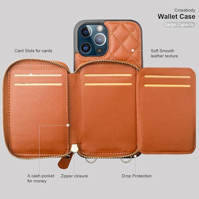 Bocasal Crossbody Wallet Case for iPhone 12 Pro Max, RFID Blocking PU Leather Zipper Handbag Purse Flip Cover, Kickstand Folio Case with Card Slots Holder Wrist Strap Lanyard 5G 6.7 Inch (Brown)