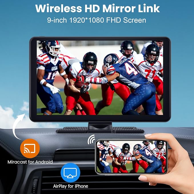 Compatible Wireless Apple CarPlay Android Auto Car Screen, Dual Camera 9 Inch 1080P Touch Screen Car Stereo Music Video Player Naivgation Bluetooth Mirror Link, Siri, AirPlay, AUX, Voice Assistant