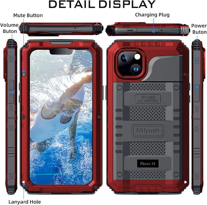 Mitywah Waterproof Case for iPhone 14, Heavy Duty Shockproof Case with Built-in Screen Protector, Full Body Underwater Protective Metal Case 6.1 inch, Red