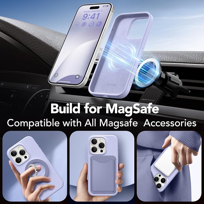 GONEZ Magnetic for iPhone 15 Pro Case, Compatible with MagSafe, [Screen Protector + Camera Lens Protector], Silicone Shockproof Anti-Scratch Protective Phone Case 6.1 inch, Lilac