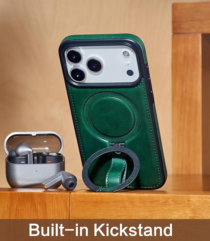 for iPhone 17 Pro Leather Case with Stand, Anti-Slip Grip Ring, Fits for MagSafe (Green, iPhone 17 Pro)