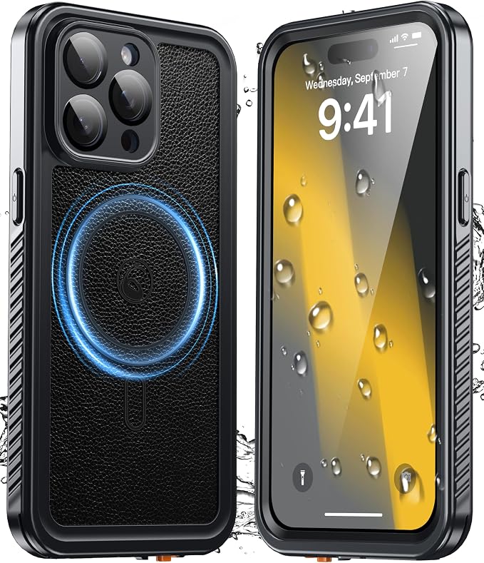 GOLDJU 2025 New Designed for iPhone 15 Pro Max Leather Case Waterproof, [Built-in Screen Protector, ][Compatible with MagSafe] Full Body Shockproof Protective Cover for iPhone 15 Pro Max 6.7''- Black