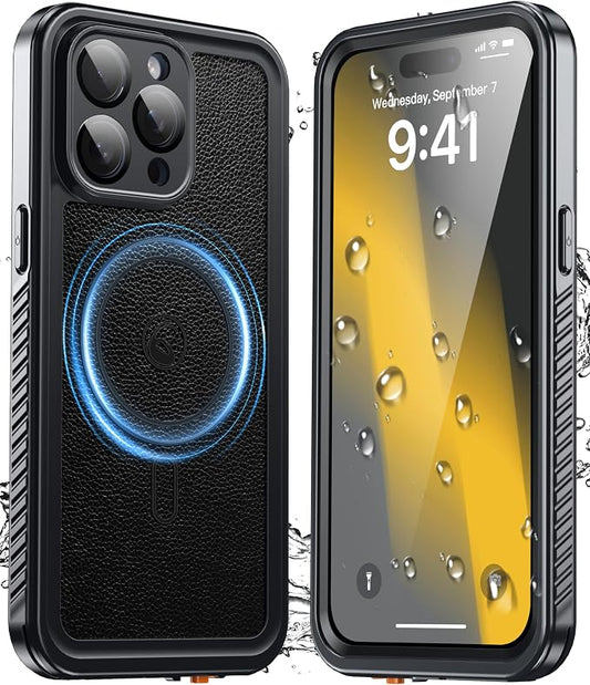 GOLDJU 2025 New Designed for iPhone 15 Pro Max Leather Case Waterproof, [Built-in Screen Protector, ][Compatible with MagSafe] Full Body Shockproof Protective Cover for iPhone 15 Pro Max 6.7''- Black
