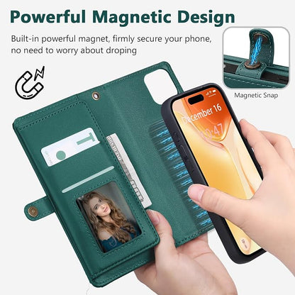 Wallet Case for iPhone 15 with Card Holder/Crossbody Wallet/Strap| RFID Blocking | Magnetic | Kickstand | Detachable | PU Leather Phone Case for iPhone 15,6.1 in,Green