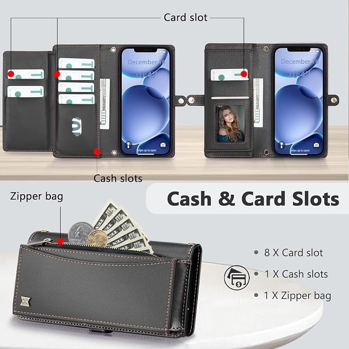 Wallet Case for iPhone 12 Pro Max with Card Holder/Crossbody Wallet/Strap| RFID Blocking | Magnetic | Kickstand | Detachable | PU Leather Phone Case for iPhone 12 Pro Max,6.7 in,Black