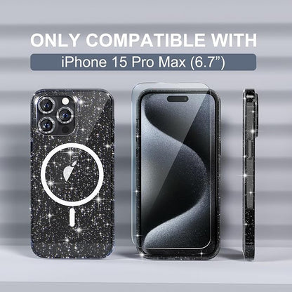 Choiche for iPhone 15 Pro Max Case Magnetic, Women Clear Glitter Bling Sparkly Case, [3xDiamond Camera Lens Protectors] [2xTempered Glass Screen Protectors] [Compatible MagSafe] (Glitter Black)