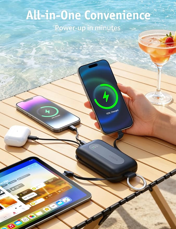 RORRY CharmGo Portable Charger 20000mAh 30W Power Bank 4 in 1 Battery Pack | Built-in Cables,Fast Charging,Keychain,Travel Essentials,Portable,for iPhone 17/16/15/14/13,for iPad Air/Pro,for AirPods
