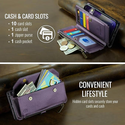 Strapurs Wallet Case Compatible with iPhone 17 Pro Max 6.9" RFID Blocking 10-Card Holder Soft PU Leather Magnetic Snap Shoulder Strap Zipper Pocket Phone Case Fit for iPhone 17 Pro Max - Purple